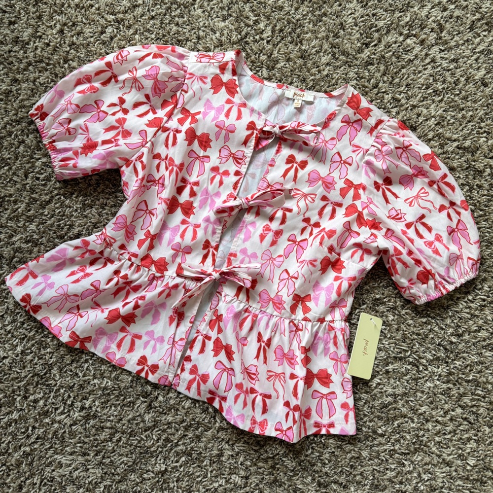 Peach Pink and Red Bow Patterned Top